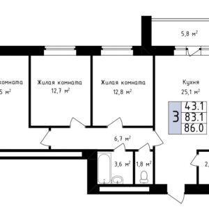 Трехкомнатная квартира № 65, 13-ый этаж